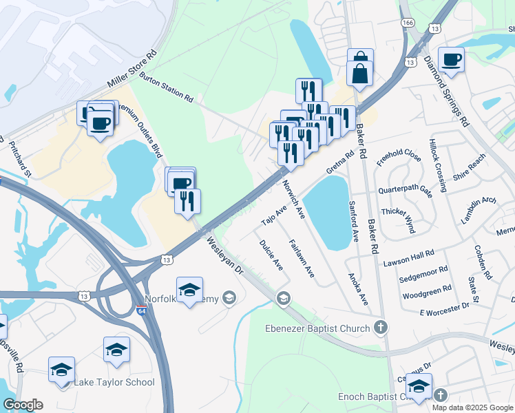 map of restaurants, bars, coffee shops, grocery stores, and more near 5901 Northampton Boulevard in Virginia Beach
