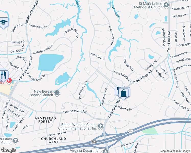 map of restaurants, bars, coffee shops, grocery stores, and more near 3843 Peach Orchard Circle in Portsmouth