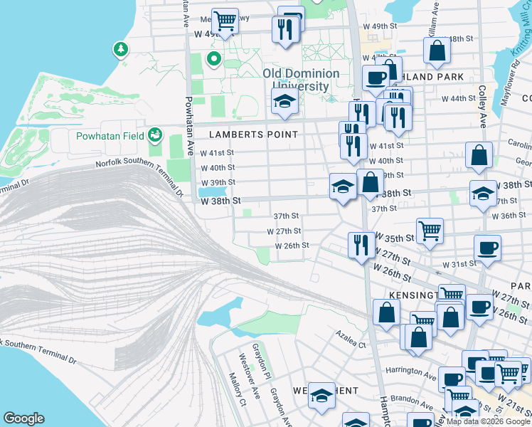 map of restaurants, bars, coffee shops, grocery stores, and more near 1404 37th Street in Norfolk