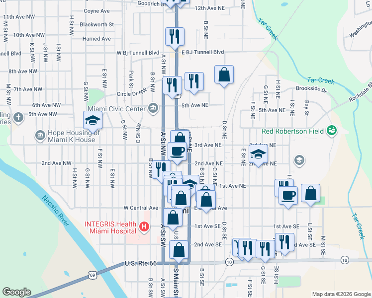 map of restaurants, bars, coffee shops, grocery stores, and more near 222 North Main Street in Miami