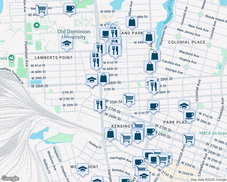 map of restaurants, bars, coffee shops, grocery stores, and more near 1049 37th Street in Norfolk