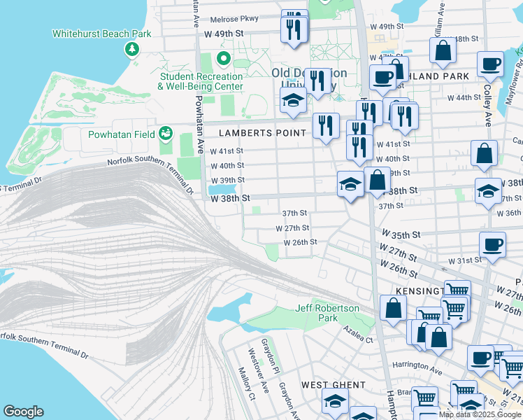 map of restaurants, bars, coffee shops, grocery stores, and more near 1422 37th Street in Norfolk