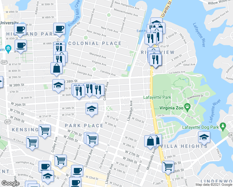 map of restaurants, bars, coffee shops, grocery stores, and more near 407 West 36th Street in Norfolk