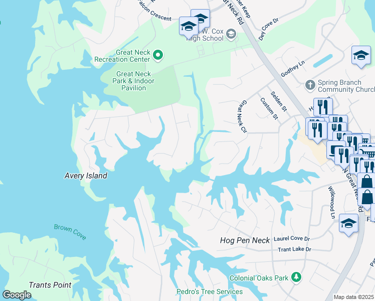 map of restaurants, bars, coffee shops, grocery stores, and more near 1440 Back Cove Road in Virginia Beach