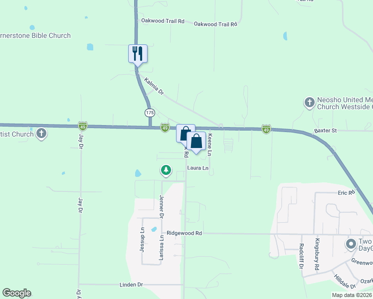 map of restaurants, bars, coffee shops, grocery stores, and more near 13000-13188 Kodiak Road in Neosho