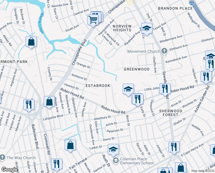 map of restaurants, bars, coffee shops, grocery stores, and more near 3495 East Bonner Drive in Norfolk