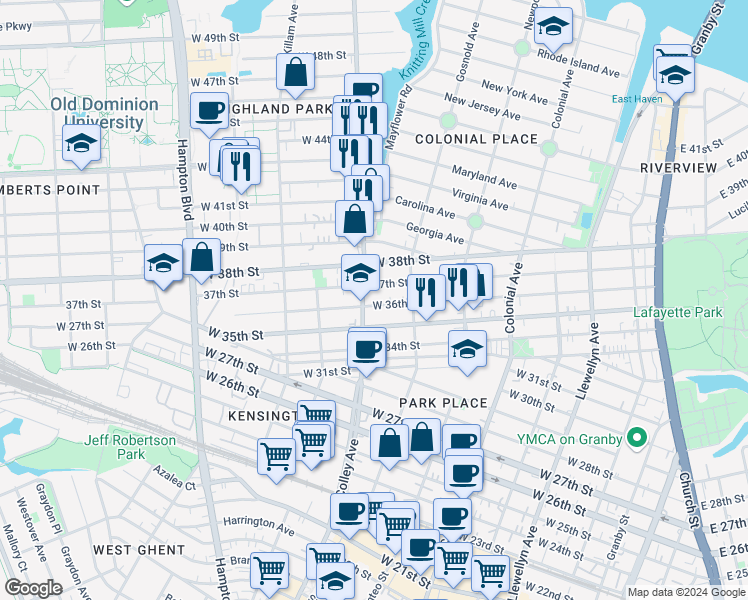 map of restaurants, bars, coffee shops, grocery stores, and more near 3612 Colley Avenue in Norfolk