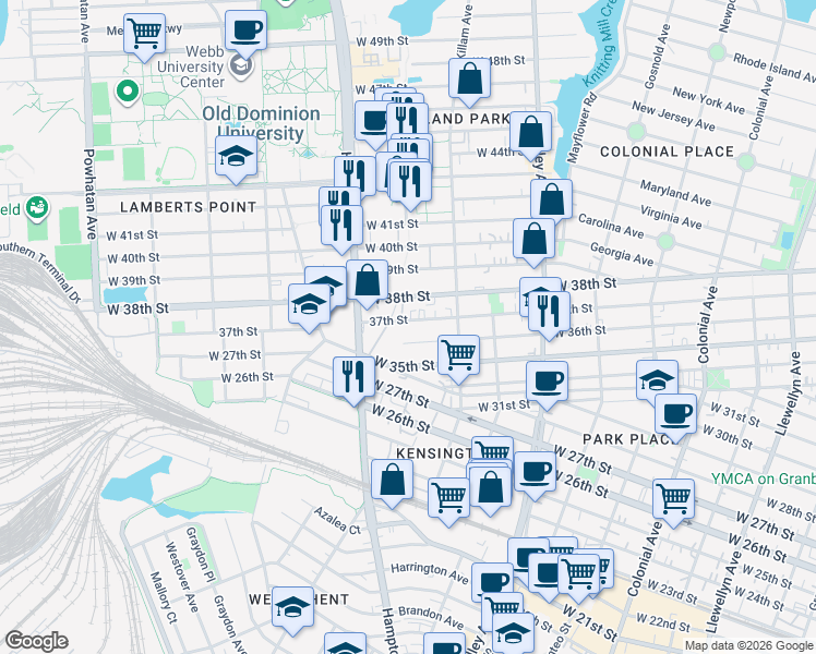 map of restaurants, bars, coffee shops, grocery stores, and more near 1049 37th Street in Norfolk