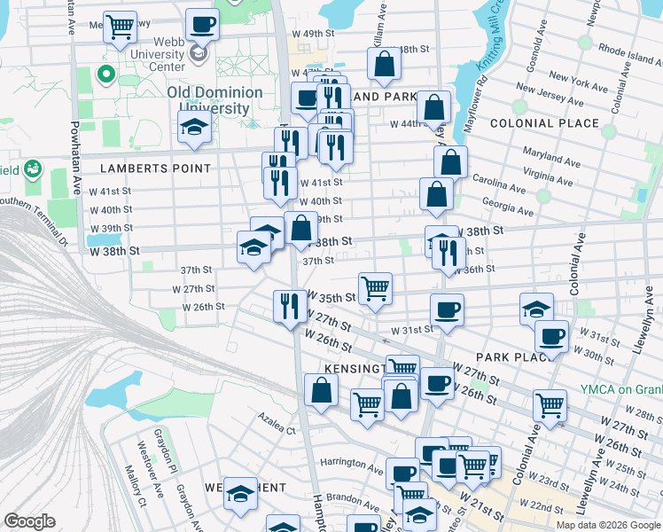 map of restaurants, bars, coffee shops, grocery stores, and more near 1049 37th Street in Norfolk