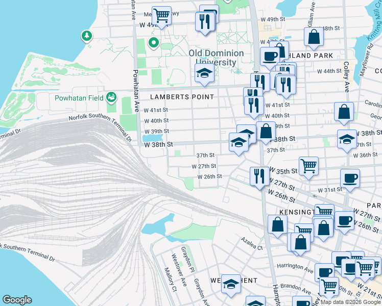 map of restaurants, bars, coffee shops, grocery stores, and more near 1404 37th Street in Norfolk