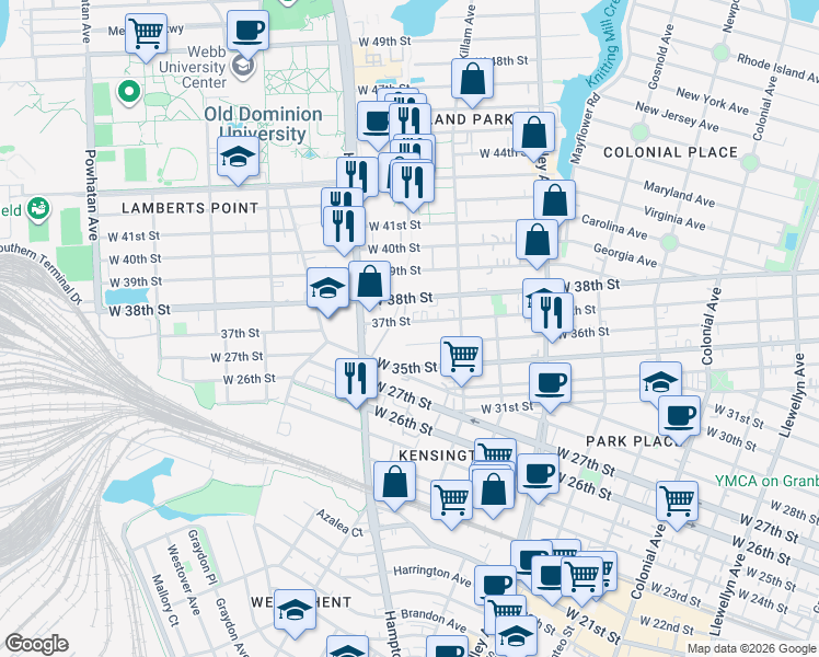 map of restaurants, bars, coffee shops, grocery stores, and more near 1049 37th Street in Norfolk