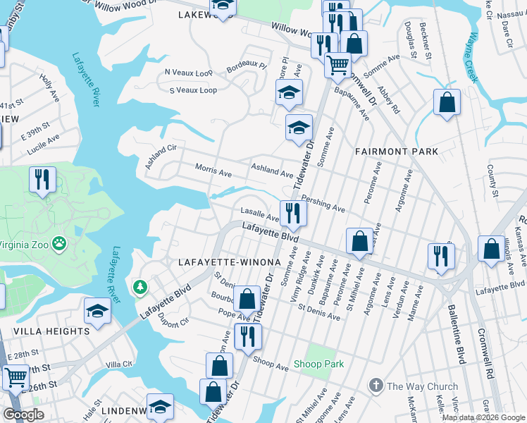 map of restaurants, bars, coffee shops, grocery stores, and more near 1738 Lasalle Avenue in Norfolk