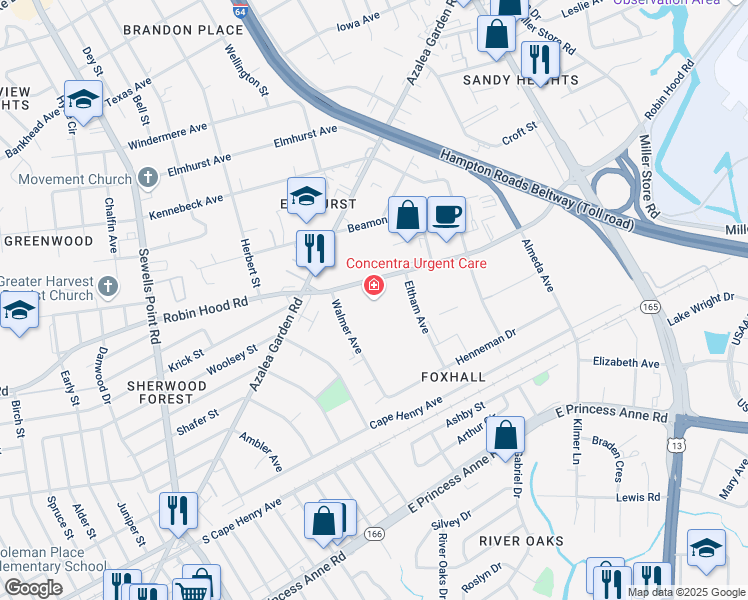 map of restaurants, bars, coffee shops, grocery stores, and more near 5301 Robin Hood Road in Norfolk