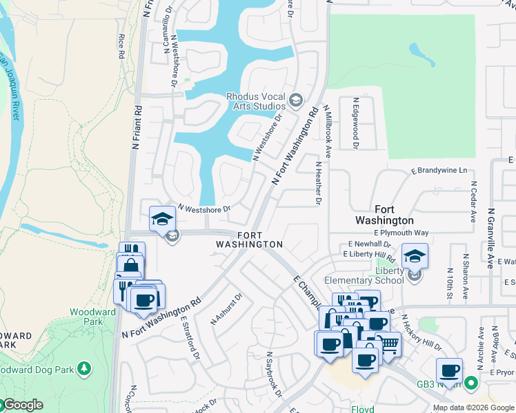 map of restaurants, bars, coffee shops, grocery stores, and more near 726 East Moss Creek Lane in Fresno