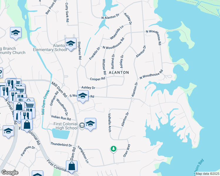 map of restaurants, bars, coffee shops, grocery stores, and more near 1729 Ashley Drive in Virginia Beach