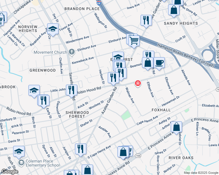 map of restaurants, bars, coffee shops, grocery stores, and more near 4899 Robin Hood Road in Norfolk