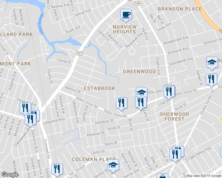 map of restaurants, bars, coffee shops, grocery stores, and more near 3495 East Bonner Drive in Norfolk