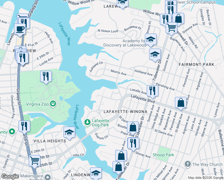 map of restaurants, bars, coffee shops, grocery stores, and more near 3123 Saint Louis Avenue in Norfolk