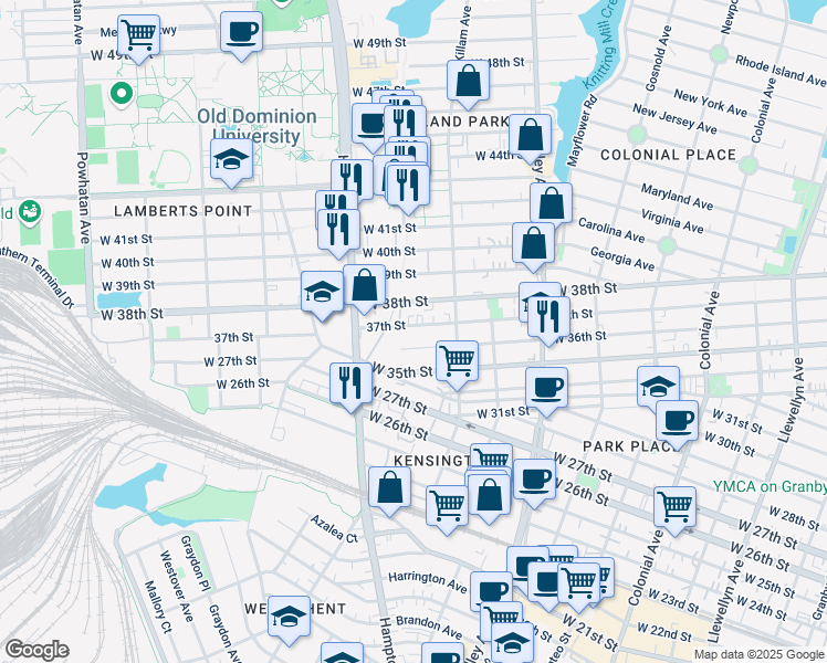 map of restaurants, bars, coffee shops, grocery stores, and more near 1037 37th Street in Norfolk