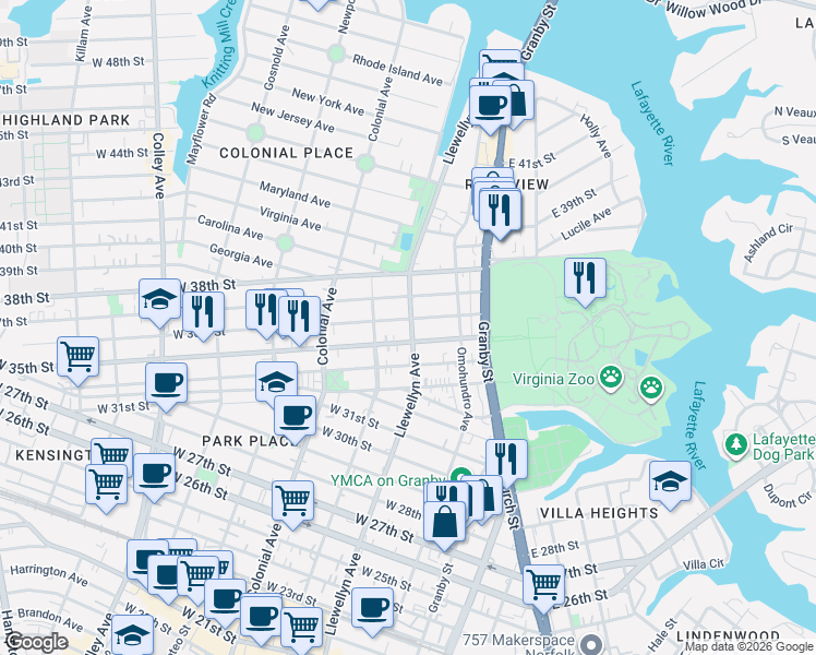 map of restaurants, bars, coffee shops, grocery stores, and more near 319 West 36th Street in Norfolk