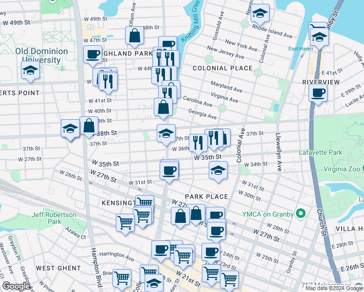 map of restaurants, bars, coffee shops, grocery stores, and more near 716 West 36th Street in Norfolk