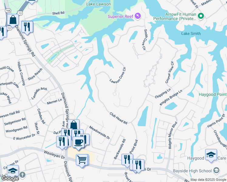 map of restaurants, bars, coffee shops, grocery stores, and more near 1201 Grand Cypress Square in Virginia Beach