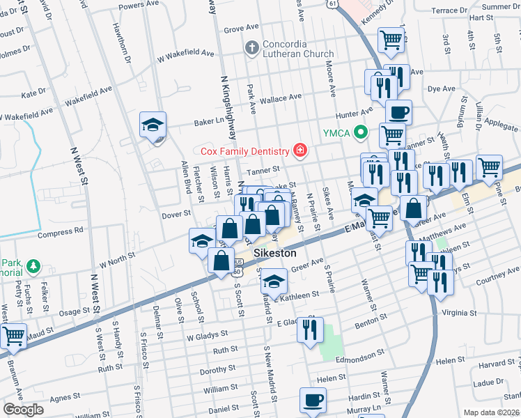 map of restaurants, bars, coffee shops, grocery stores, and more near 121 East North Street in Sikeston