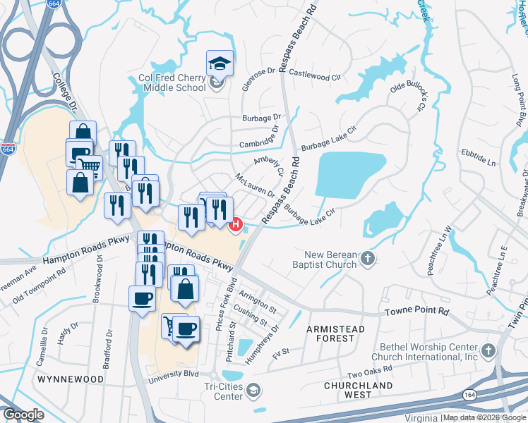 map of restaurants, bars, coffee shops, grocery stores, and more near 163 Stoney Ridge Avenue in Suffolk