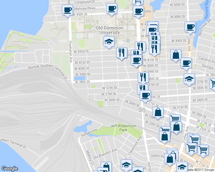 map of restaurants, bars, coffee shops, grocery stores, and more near 1334 West 37th Street in Norfolk