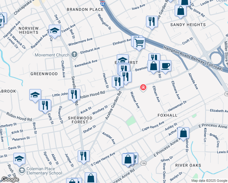 map of restaurants, bars, coffee shops, grocery stores, and more near 4899 Robin Hood Road in Norfolk
