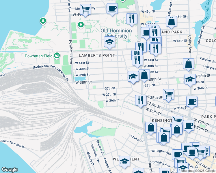 map of restaurants, bars, coffee shops, grocery stores, and more near 1334 West 37th Street in Norfolk