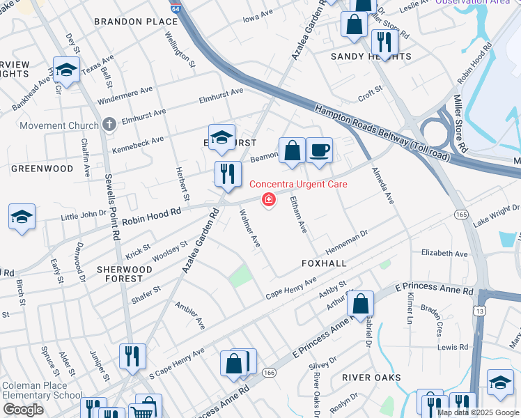map of restaurants, bars, coffee shops, grocery stores, and more near 5301 Robin Hood Road in Norfolk