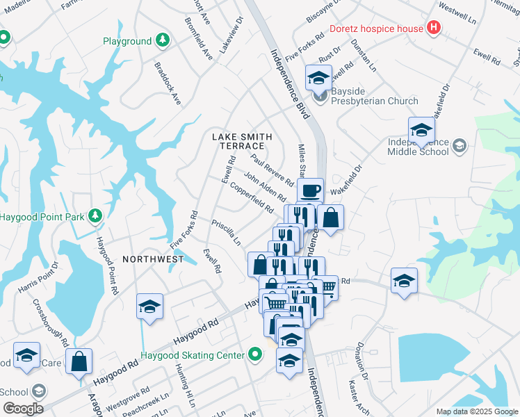 map of restaurants, bars, coffee shops, grocery stores, and more near 1045 Walt Whitman Way in Virginia Beach