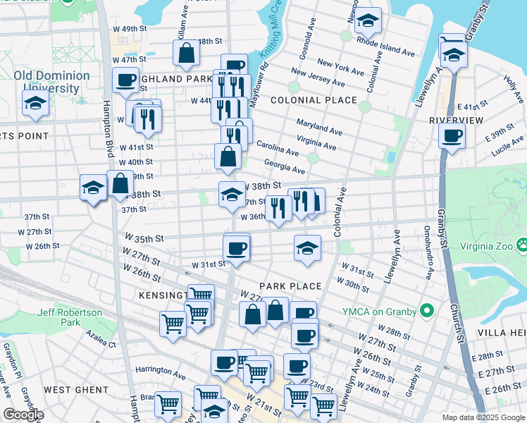 map of restaurants, bars, coffee shops, grocery stores, and more near 702 West 36th Street in Norfolk
