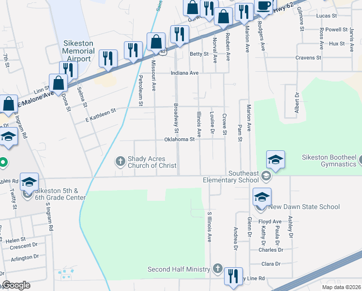 map of restaurants, bars, coffee shops, grocery stores, and more near 403 Broadway Street in Sikeston