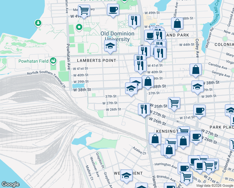 map of restaurants, bars, coffee shops, grocery stores, and more near 1318 37th Street in Norfolk