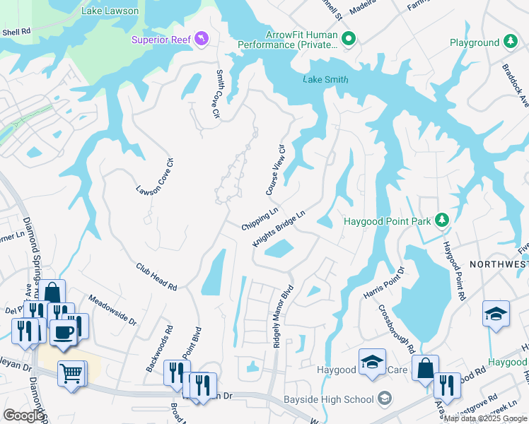 map of restaurants, bars, coffee shops, grocery stores, and more near 5216 Chipping Lane in Virginia Beach