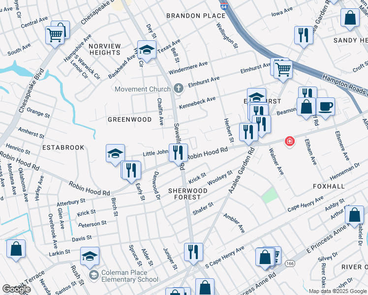 map of restaurants, bars, coffee shops, grocery stores, and more near 3038 Sewells Point Road in Norfolk