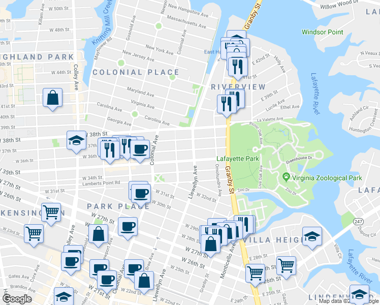 map of restaurants, bars, coffee shops, grocery stores, and more near 319 West 36th Street in Norfolk