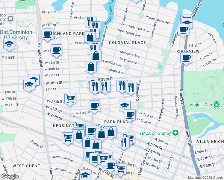 map of restaurants, bars, coffee shops, grocery stores, and more near 618 West 36th Street in Norfolk