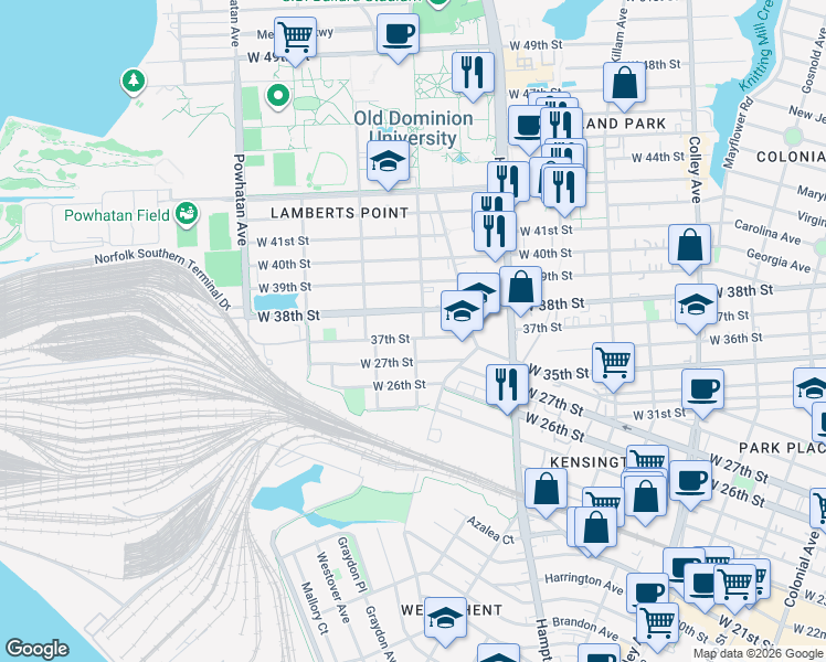 map of restaurants, bars, coffee shops, grocery stores, and more near 1318 37th Street in Norfolk