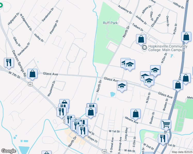 map of restaurants, bars, coffee shops, grocery stores, and more near 690 North Drive in Hopkinsville