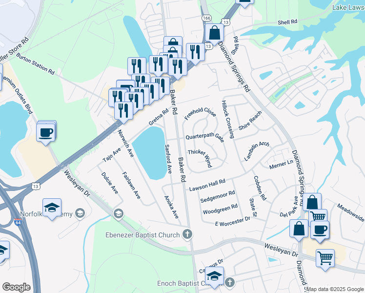 map of restaurants, bars, coffee shops, grocery stores, and more near 5508 Quarterpath Gate in Virginia Beach