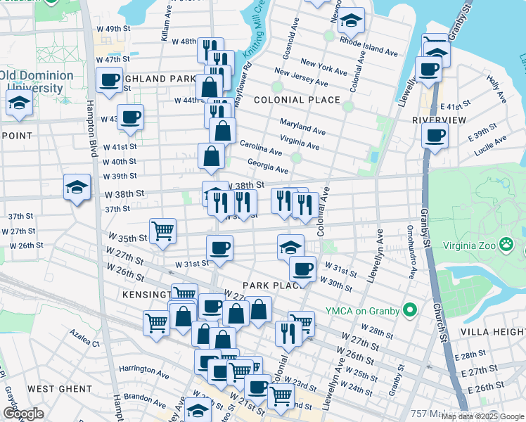map of restaurants, bars, coffee shops, grocery stores, and more near 630 West 36th Street in Norfolk