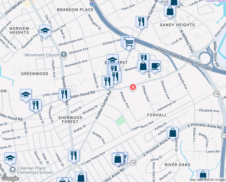map of restaurants, bars, coffee shops, grocery stores, and more near 5142 Krick Street in Norfolk