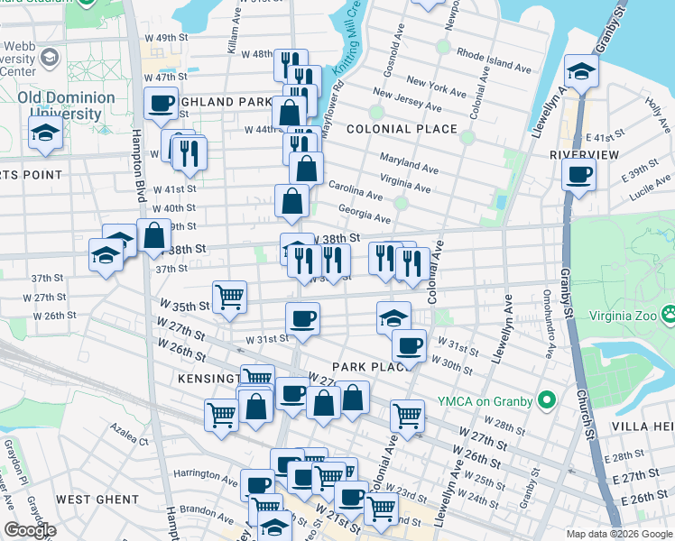 map of restaurants, bars, coffee shops, grocery stores, and more near 702 West 36th Street in Norfolk