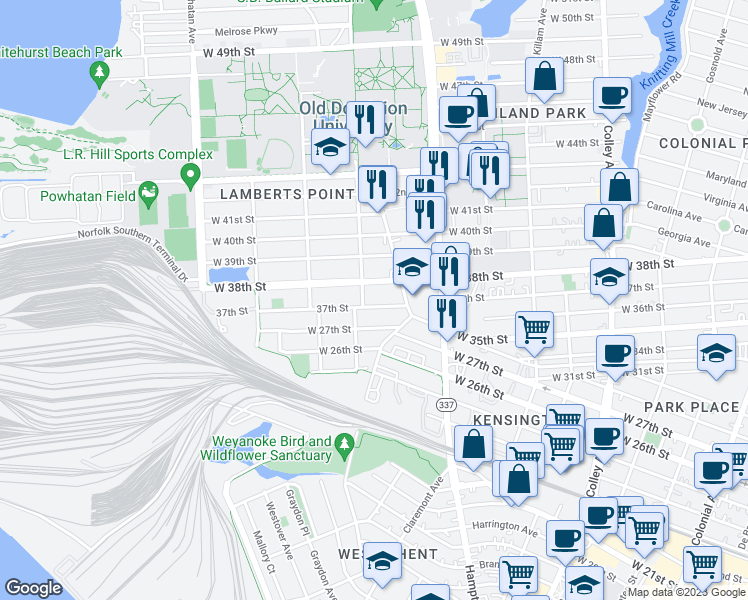 map of restaurants, bars, coffee shops, grocery stores, and more near 1262 37th Street in Norfolk