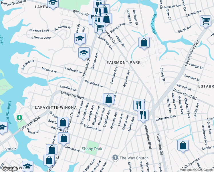 map of restaurants, bars, coffee shops, grocery stores, and more near 2302 Pershing Avenue in Norfolk