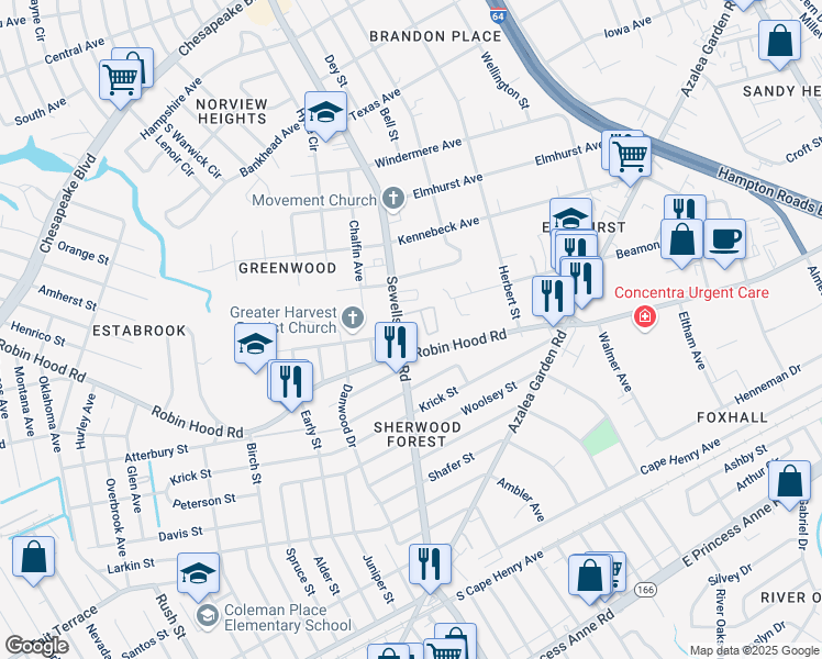 map of restaurants, bars, coffee shops, grocery stores, and more near 3038 Sewells Point Road in Norfolk
