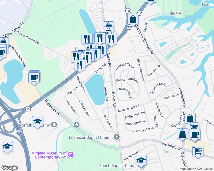 map of restaurants, bars, coffee shops, grocery stores, and more near 1084 Sanford Avenue in Virginia Beach